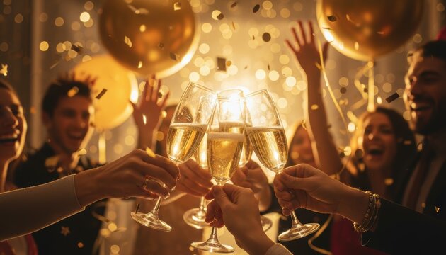 Raised glasses celebrate a festive moment shared by friends enjoying happiness, unity, and memorable togetherness