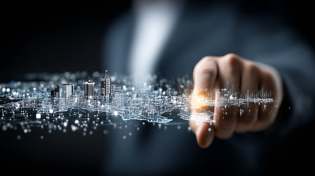 A digital city model illuminated by a fingertip, representing smart infrastructure, data driven urban planning and the connection between human decision making and technological environments.
