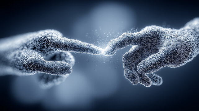 Two digital hands forming a symbolic connection, representing collaboration between human and artificial intelligence and the evolution of cooperative technological relationships.
