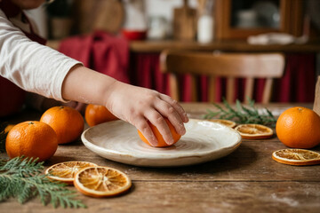 Little child hand holding orange on rustic kitchen table