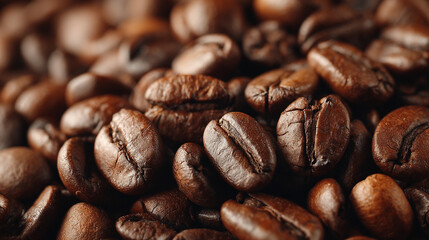 Cinematic macro view of roasted coffee beans, capturing rich texture, warm tones, and aromatic appeal. A slow-motion feel enhances depth, highlighting the essence and intensity of premium coffee.