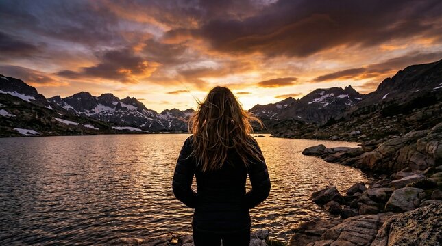 Serene woman overlooking mountain lake peaks during golden hour sunset - Powered by Adobe