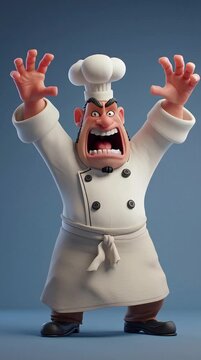 A 3D animated chef throwing their hands in the air, frustrated