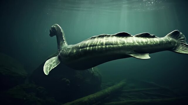 Underwater Creature With Long Neck And Dark Green Skin Swimming Near Rocks In Dark Water With Sunlight