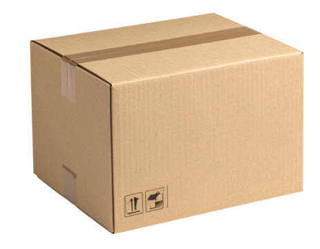 A clean front-facing cardboard box mockup with sealed top flaps, light warehouse-style texture, soft natural shadow beneath the box, minimal realistic details, isolated on a transparent PNG background