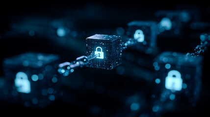 A secure digital chain made of illuminated blocks with lock symbols, representing protection, encrypted connectivity and trust in decentralized technological structures.
