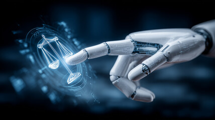 A robotic hand interacting with a justice scale hologram, symbolizing ethical decision systems and balanced evaluation within artificial intelligence.
