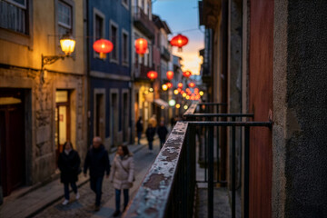 Old city street at dusk with red lanterns