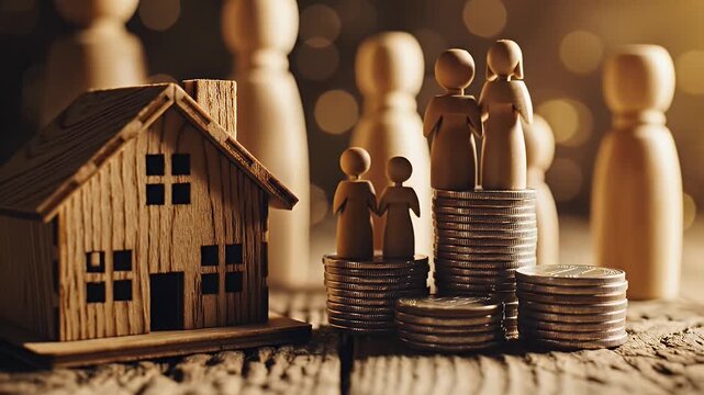 Wooden house model and family figures standing on stacked coins