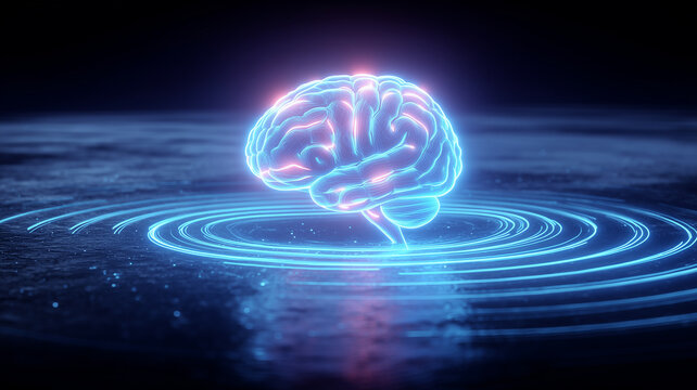A futuristic illuminated brain suspended above circular waves symbolizing intelligence expansion, innovation and digital transformation.