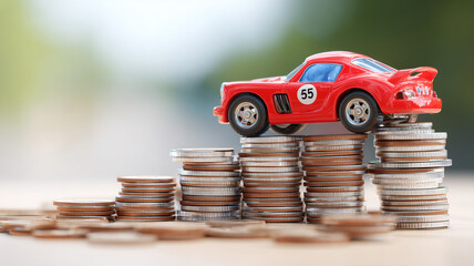 A symbolic representation of vehicle investment illustrated through a toy car positioned over stacked coins, highlighting financial planning and economic strategy in transportation.
