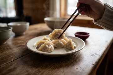 Warm dumplings on wooden table with chopsticks
