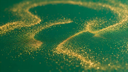 Golden glitter trail on deep emerald green background texture luxury bokeh effect