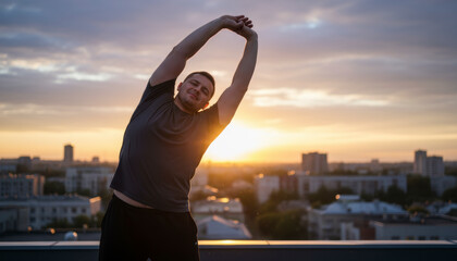 A man stretches joyfully at sunrise embracing a new day filled with energy and positive intention