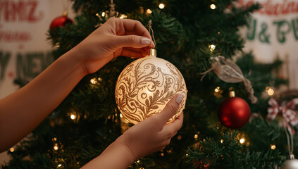 Person Decorating Christmas Tree With Ornament