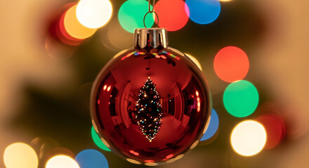 Fototapeta premium Detailed Macro Reflection of Illuminated Christmas Tree Inside Clear Glass Crystal Ball amidst Colorful Bokeh Lights