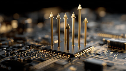 A technological advancement concept showing metallic arrows emerging from a microchip symbolizing innovation digital growth and performance improvement in modern computing systems.
