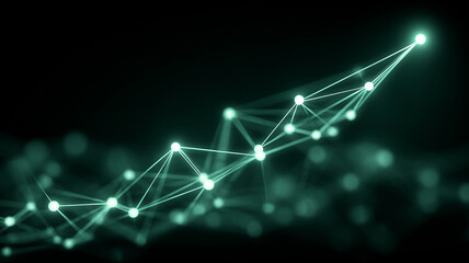 A digital network concept composed of connected glowing points forming an ascending structure representing connection innovation and progress within technological systems.
