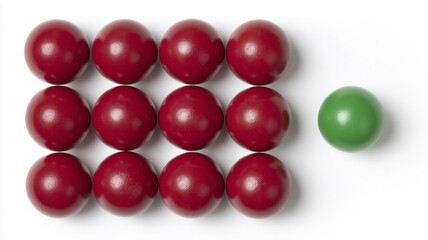 A single distinct sphere separating from a uniform cluster to express individuality, unique positioning and standing out with purpose.
