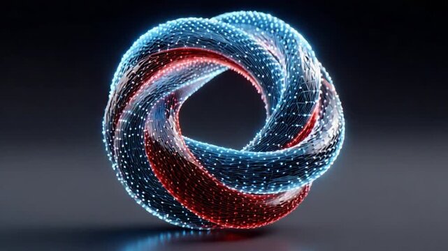 Abstract Ring of Light: This image features a mesmerizing 3D rendering of a knotted ring illuminated with a vibrant interplay of blue and red lights. Evoking a sense of modern technology.