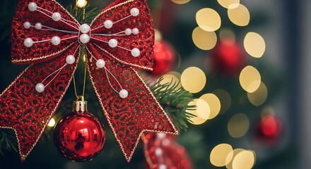 Obraz premium Macro Detail of Glittering Red Bow Ornament with Pearl Accents on Pine Branch against Vintage Bokeh