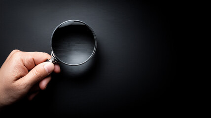 A detailed visual exploration of a magnifying glass held by a hand on a dark surface conveying investigation clarity and focused analysis.
