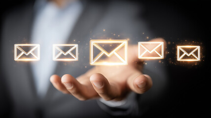 A communication flow concept featuring glowing mail icons floating above an open hand symbolizing messaging connectivity and modern information exchange.
