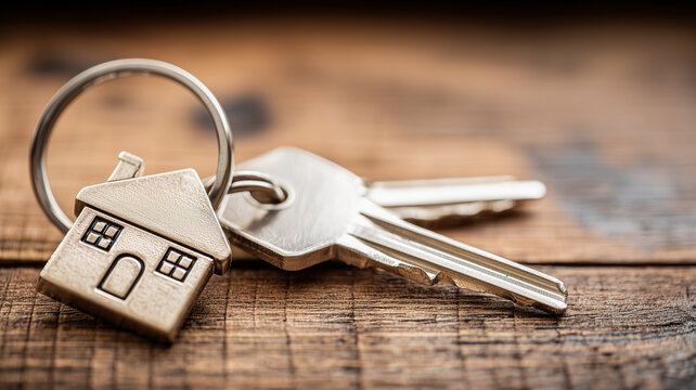 A house shaped keychain with keys placed on a wooden surface symbolizing ownership security and the foundational role of access within personal property and real estate concepts.
