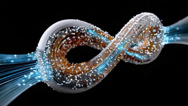 Tangled Fiber Optics: A striking visualization of interconnected fiber optic cables, their sleek forms intertwining amidst a burst of luminous light.