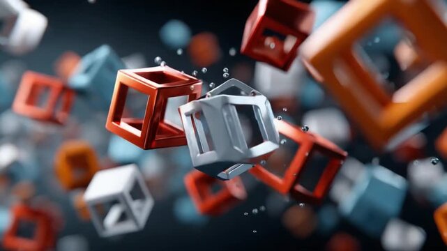 Abstract Cubes in Dynamic Composition: An eye-level shot of a collection of vibrant open-faced cubes, artfully arranged against a dark background, each with its unique color.