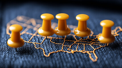 A geographic organization concept depicted with push pins marking key regions to symbolize planning, distribution and strategic coordination.
