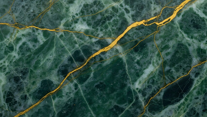 Luxurious dark green marble texture with glittering gold kintsugi crack background