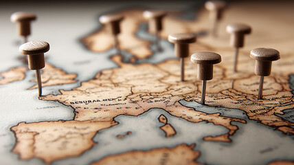 A vintage style map marked with multiple pins representing international planning global distribution and the strategic selection of geographic points for development and analysis.
