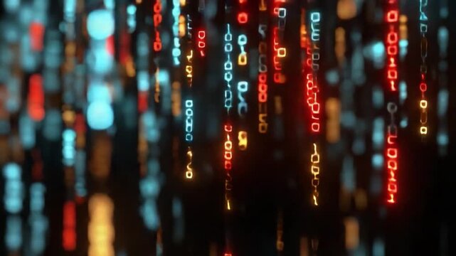 Binary Rain: Abstract digital matrix of binary code cascading downwards. the dynamic flow of data. Reflecting the complexity of modern technology.