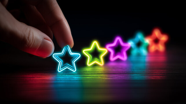 A hand selecting a vibrant star symbolizing evaluation quality ranking and the recognition of standout performance within competitive or creative contexts.
