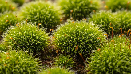 Macro view of lush green moss cushions with dewdrops and sporophytes natural texture background