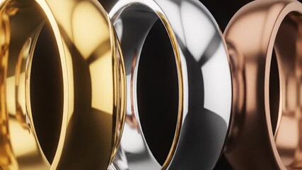 Abstract close-up of metallic rings in gold, silver, and chrome with circular patterns and reflective surfaces. - Powered by Adobe