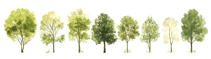 A clean line art forest with trees shaded in multiple soft green tones.