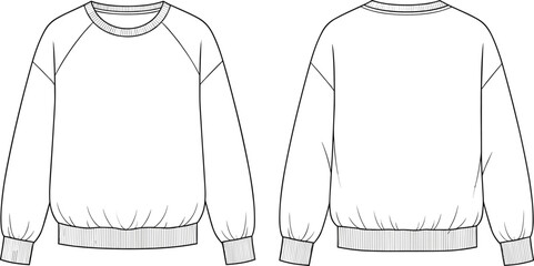 Technical CAD Drawing Flat Vector Illustration of Oversized Raglan Sleeve Sweatshirt, Mockup Fashion Template for Apparel Design © Shafik Creatives