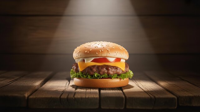 Juicy cheeseburger spotlighted on a rustic wooden table