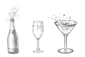alcohol bottle and glass with splash drinks illustration. hand drawn engraving vector illustration vintage style. Eps 10