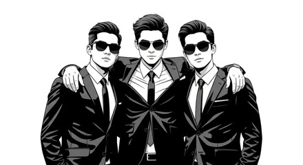 Confident Male Agents in Suits and Sunglasses Standing Together for Security or VIP Service