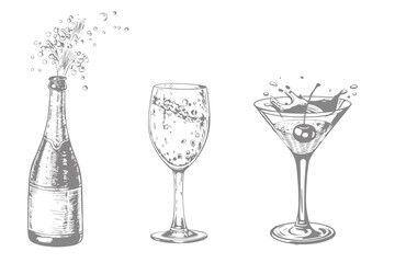 Cocktails hand drawn alcohol bottle and glass with splash vector illustration vintage style. Engraving Vodka, whiskey and cognac. Eps 10