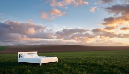 Dreamy Escape A Bed in the Meadow under a Colorful Sky