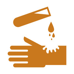 A graphic illustration showing a hand with a corrosive chemical spill, warning of potential danger. The graphic depicts a hand being splashed with a corrosive liquid from a test tube