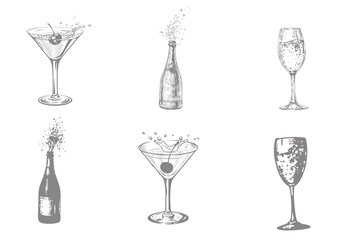Vintage alcohol bottle and glass with splash drinks. whiskey and cognac. Isolated black and white vintage style. Vector illustration. Eps 10
