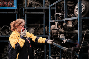 One Hispanic mature female inspector remotely works with walkie-talkie, checks auto spare parts stock in warehouse stack, operates jobs in manufacturing factory, and industrial worker occupation.