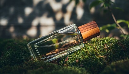 Luxurious fragrance container with organic wooden detail, artfully displayed on verdant moss, embracing natural beauty