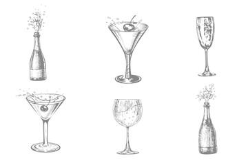 Vintage alcohol bottle and glass with splash drinks. whiskey and cognac. Isolated black and white vintage style. Vector illustration. Eps 10