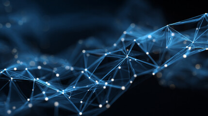 Futuristic geometric net of dots and triangular connections over bright blue cyberspace, highlighted with white volumetric lights, sleek depth, and seamless looping motion.